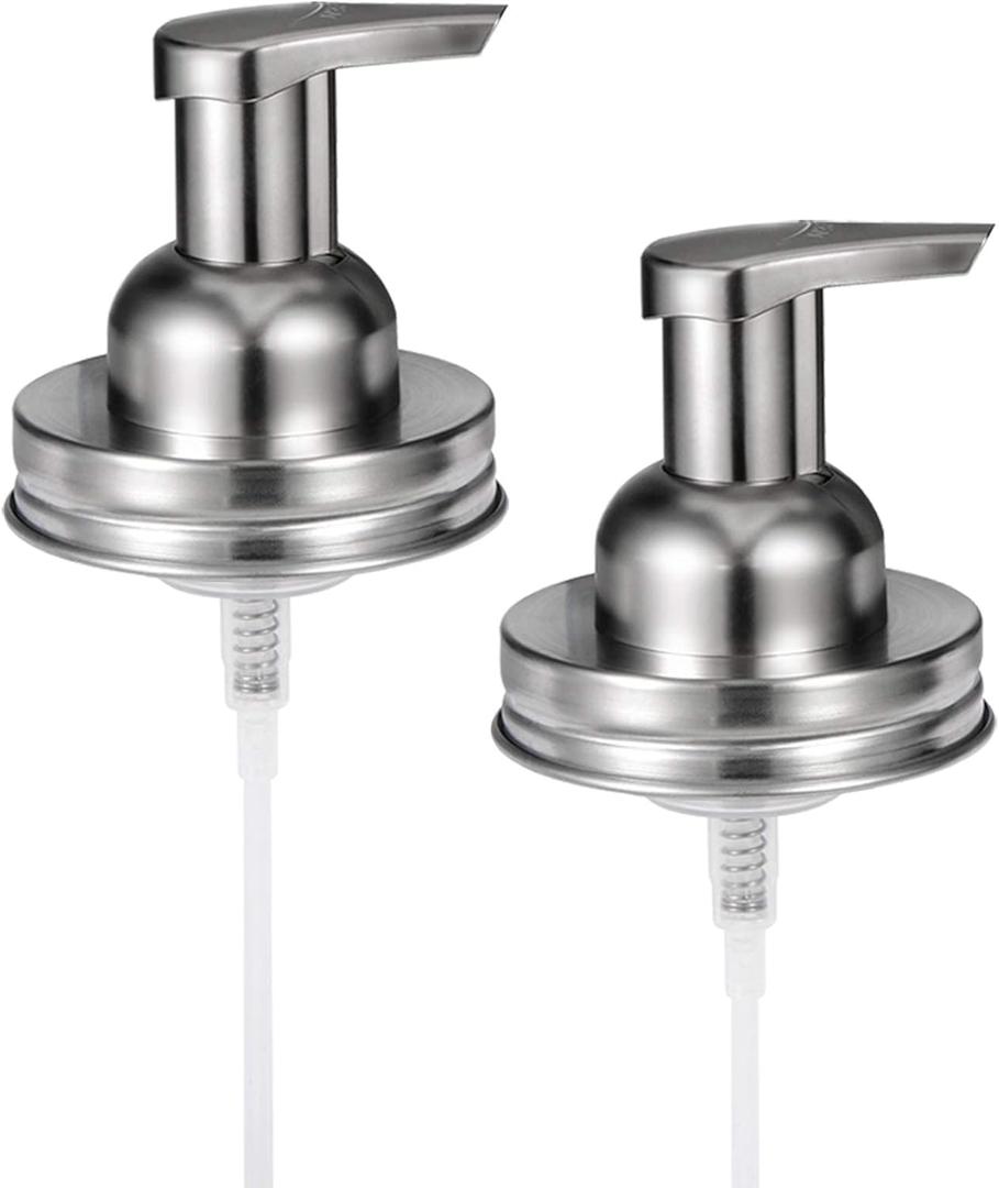 Amolliar Mason Jar Foaming Soap Dispenser Pump Lids, Rustproof Stainless Steel Lid Plastic Pump for Regular Mouth Mason Jar, Kitchen Bathroom Farmhouse Decor, Waterproof Stickers, Brushed Nickel 2Pack