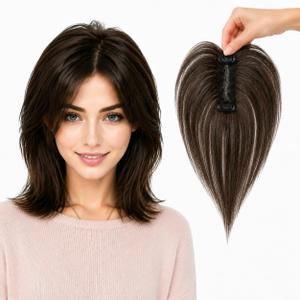 Human Hair Topper – 10" Clip in Hair Parting Patch 10g Ultra-Light I-Shaped Swiss Lace Hairpiece for Wide Partings (Dark Brown No Bangs)