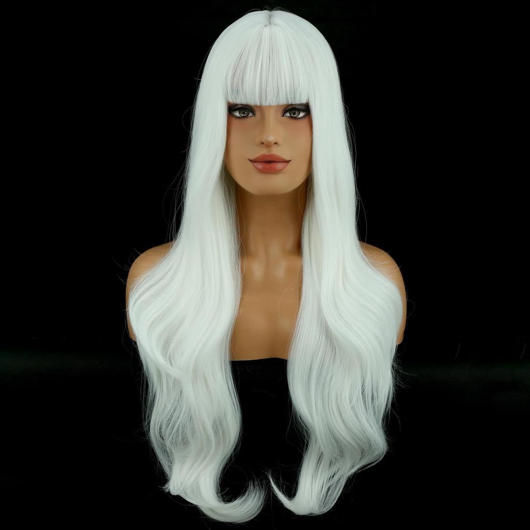 BERON White Wig Long Wavy White Wigs with Bangs for Women Daily Party Hairnet Include