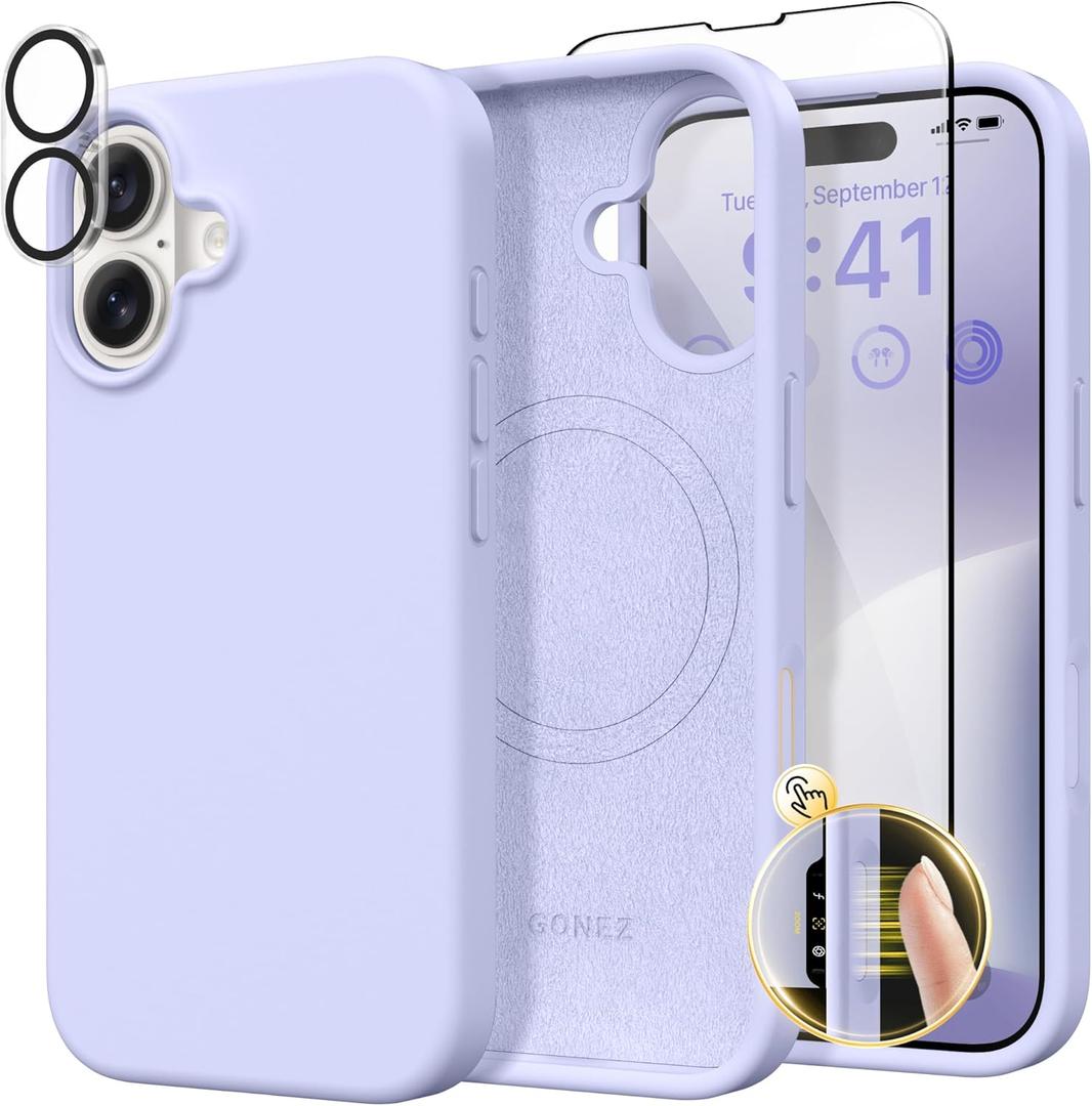 GONEZ Magnetic for iPhone 16 Case, Compatible with MagSafe, [Screen Protector + Camera Lens Protector], Liquid Silicone Shockproof Protective Phone Case for iPhone 16 6.1", Lilac