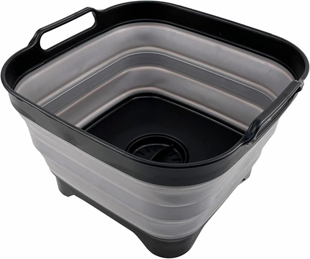 SAMMART 10L (2.64 Gallon) Collapsible Dishpan with Draining Plug - Foldable Washing Basin - Portable Dish Washing Tub - Space Saving Kitchen Storage Tray (Black/ Alloy Grey)