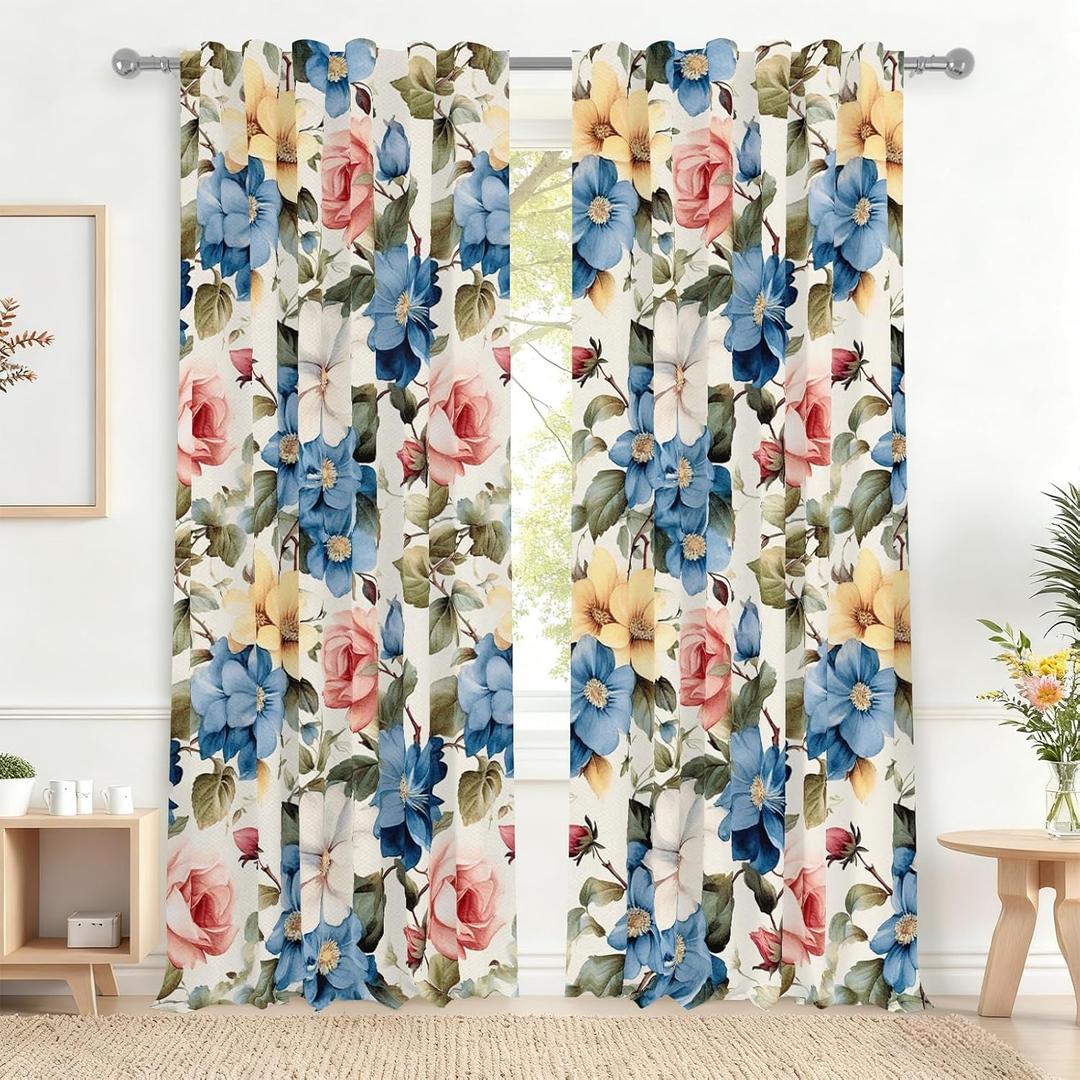 Renaiss 42 x 84 Inch Rustic Floral Curtains Colorful Flower Curtains French Country Window Treatment Decor Farmhouse Botanical Drapes Light Filtering Window Drapes for Living Room Rod Pocket 2 Panels
