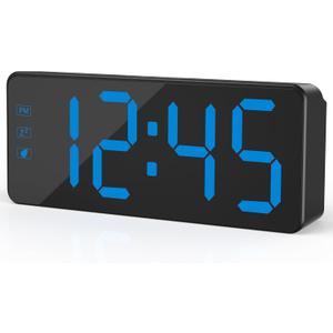 KWANWA Digital Alarm Clock with 3-Level Dimmer & Battery Backup | 2.4" Jumbo LED Display, Auto Night Mode, 7-Min Snooze, Dual Power (UL Adapter + 59in Cord) | Compact for Bedroom, Travel, Office (Black Case-blue Led)