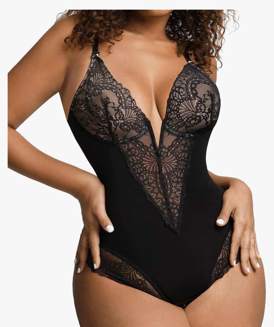 Popilush Lace Shapewear Bodysuit Tummy Control Corset Tops V Neck Sleeveless Backless Body Suit Thongs XXL
