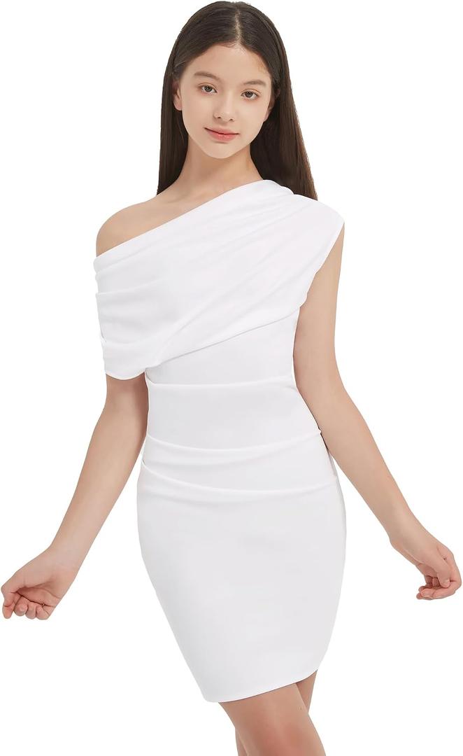 EXARUS Girls Bodycon Dress Tween Short Spaghetti Strap/Cowl Neck/One Shoulder Graduation Formal Dance Mini Tight Dresses