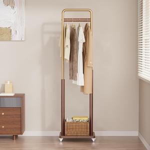 Taitiy Clothes Rack Solid Wood Coat Rack, Metal and Solid Wood Combination Clothing Rack with Wheels for Entryway, Bedroom, Living Room, Coat Racks Freestanding for Hanging Clothes Garment Scarf