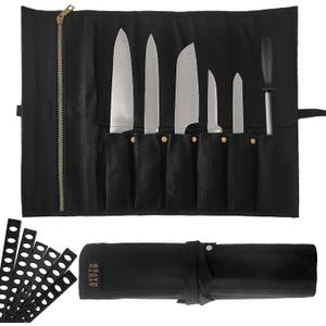 Chef Knife Roll Bag - Durable 6 Slot Black Waxed Canvas Knife Roll- Water Resistant Standard Knife Bag w/ Roll Tie, Large Zippered Pouch & 6 Plastic Knife Guards-Fits Knives Up To 2 Wide & 15 Long