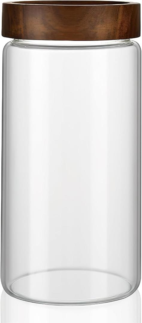 40 oz/1200 ml Clear Glass Storage Canister with Airtight Wooden Screw Lid, Large Tall Cute Decorative Glass Food Container Jar for Coffee, Spice, Candy, Salt, Cookie, Condiment, Pepper, Sugar, Pasta