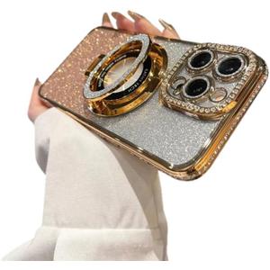 Bling Glitter Phone Case Compatible with iPhone 13 Pro Max, Kickstand Camera Lens Protector Soft Cover Sparkling Rhinestone Case (Gold)