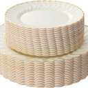 Lullaby 60PCS Ivory Scalloped Plastic Plates with Gold Rim, Disposable Elegant Plates Include 30pcs Dinner Plate 10.25", 30pcs Plastic Dessert Plate 7.5", Perfect for Wedding and Party