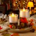 Domensi 2 Pcs Fall Glass Candle Holders with Flameless Candles Festive Votive LED Pillar Wax Battery Operated Flickering Light Candlesticks with Pumpkin Pine Cone for Fall Autumn Thanksgiving Decor