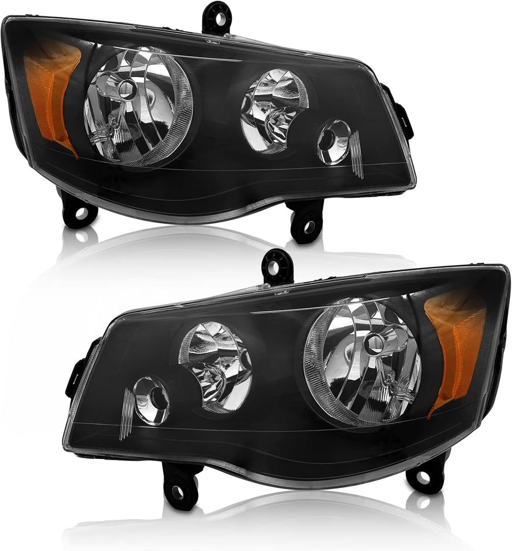 Headlights Assembly for 2011-2020 Dodge Grand Caravan,2008-2016 Chrysler Town & Country Black Housing Amber Reflector Headlamp Replacement Driver and Passenger Side