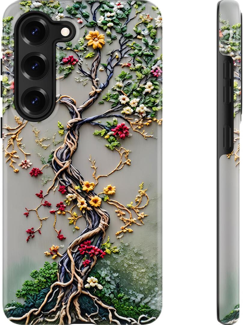 Esdot for Samsung Galaxy S23 Case - Wireless Charging Compatible Dual-Layer Soft Silicone + Hard Shell - Wildflower Design - Protective Phone Cover for Women Girls - Tree of Life