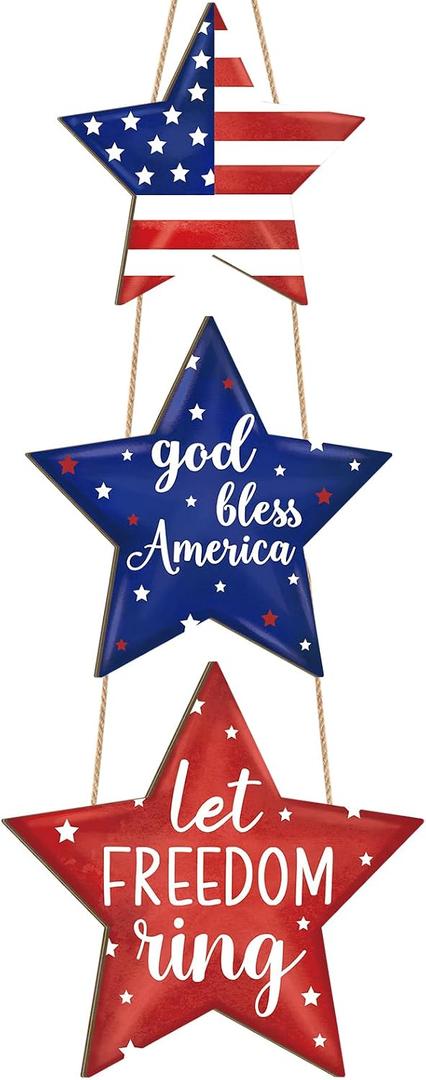 Wooden 4th of July Decoration Door Wreath for Front Door Sign Star Wall Signs, Independence Day Patriotic Day Wreath Welcome Memorial Day Hanging for Home Wall Decor Party Outdoor Indoor Star