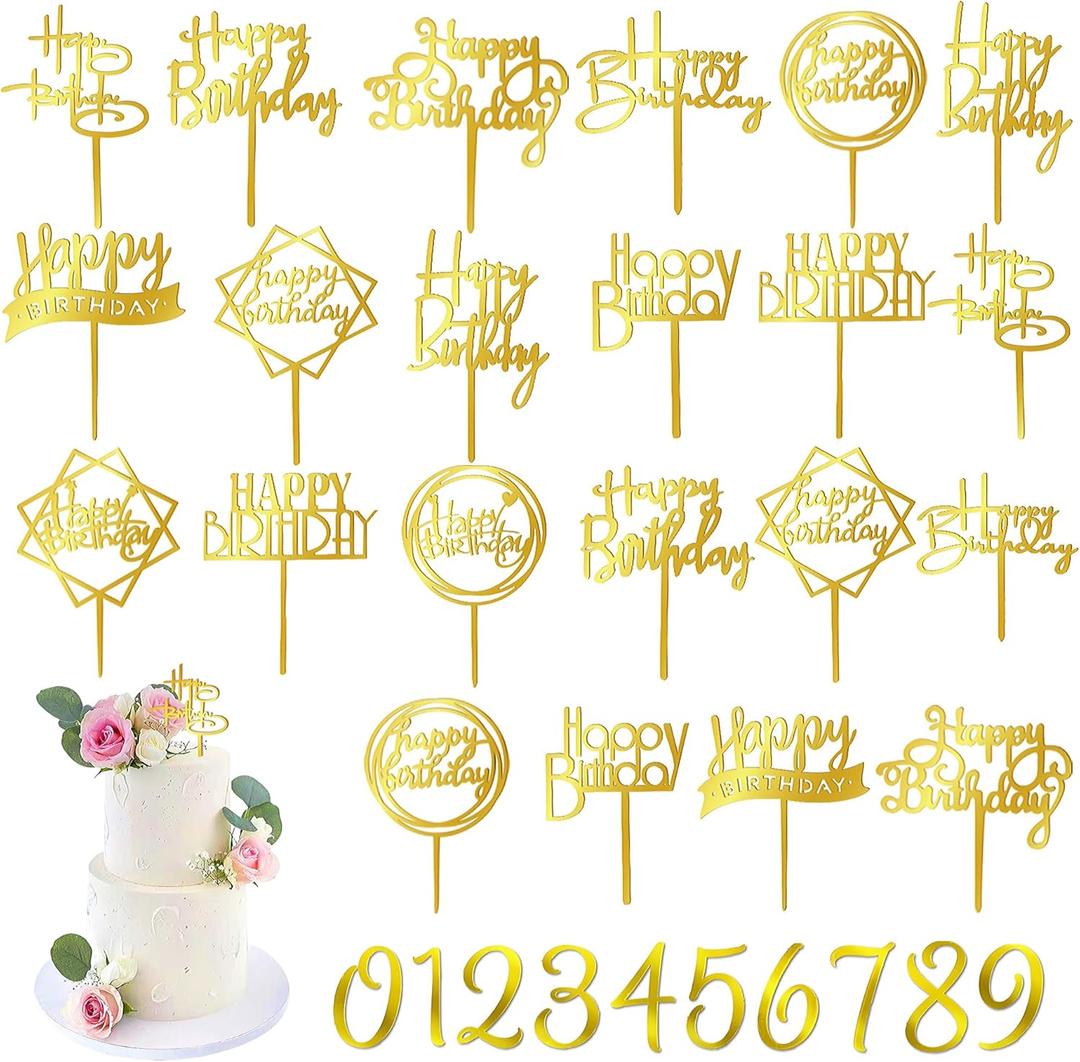 50 PCS Gold Happy Birthday Cake Topper Acrylic Birthday Cupcake Topper Pick for Birthday Party Cake Desserts Pastries Decorations (Gold)