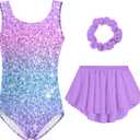 Idgreatim Girls Gymnastic Leotard Ballet Dance Dress Outfit with Removable Skirt Hair Scrunchie Combo 4-11 Years (Purple Pink)