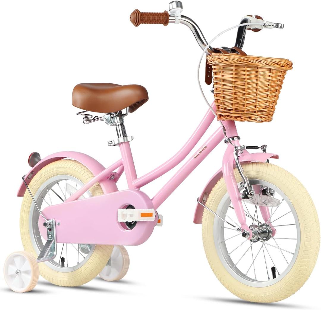 Glerc Little Molly 12-20 Inch Kids Retro Cruiser Bike for 2-13 Year Old with Wicker Basket & Training Wheels/Kickstand, Multiple Colors, 14 Inch