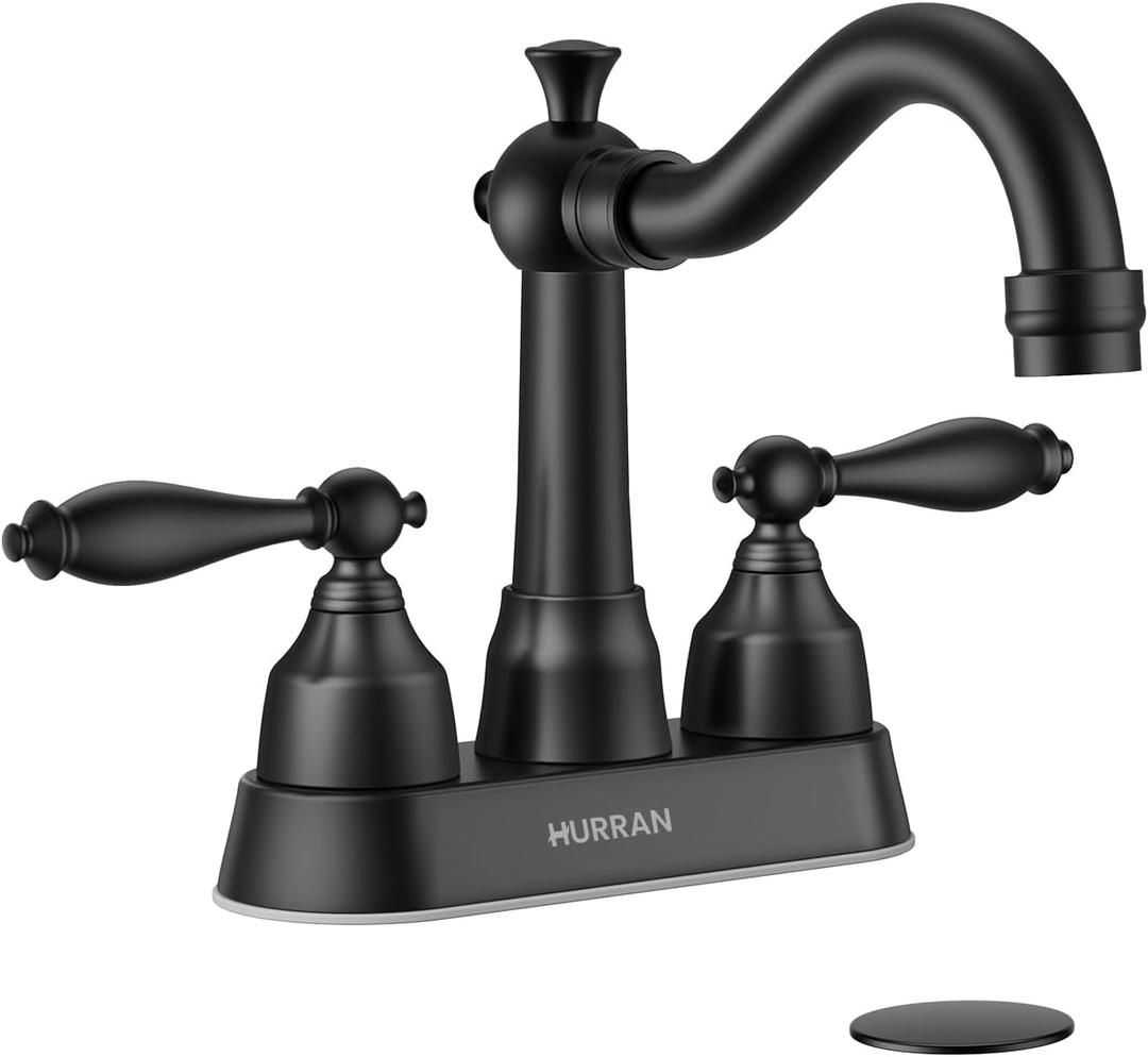 Hurran 4-inch Centerset Matte Black Classical Bathroom Faucet, 2 Handles for 2 or 3 Hole Sink with 360 Swivel Spout, Pop Up Drain Assembly and Supply Hose for Vanity Sink Lavatory Faucet