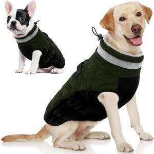 AOFITEE Dog Coat, Warm Dog Winter Coat, Reflective Cold Weather Dogs Puffer Jacket with Harness Built in, Waterproof Pet Fleece Vest Snowsuit for Small Medium Large Dogs, Green, Large