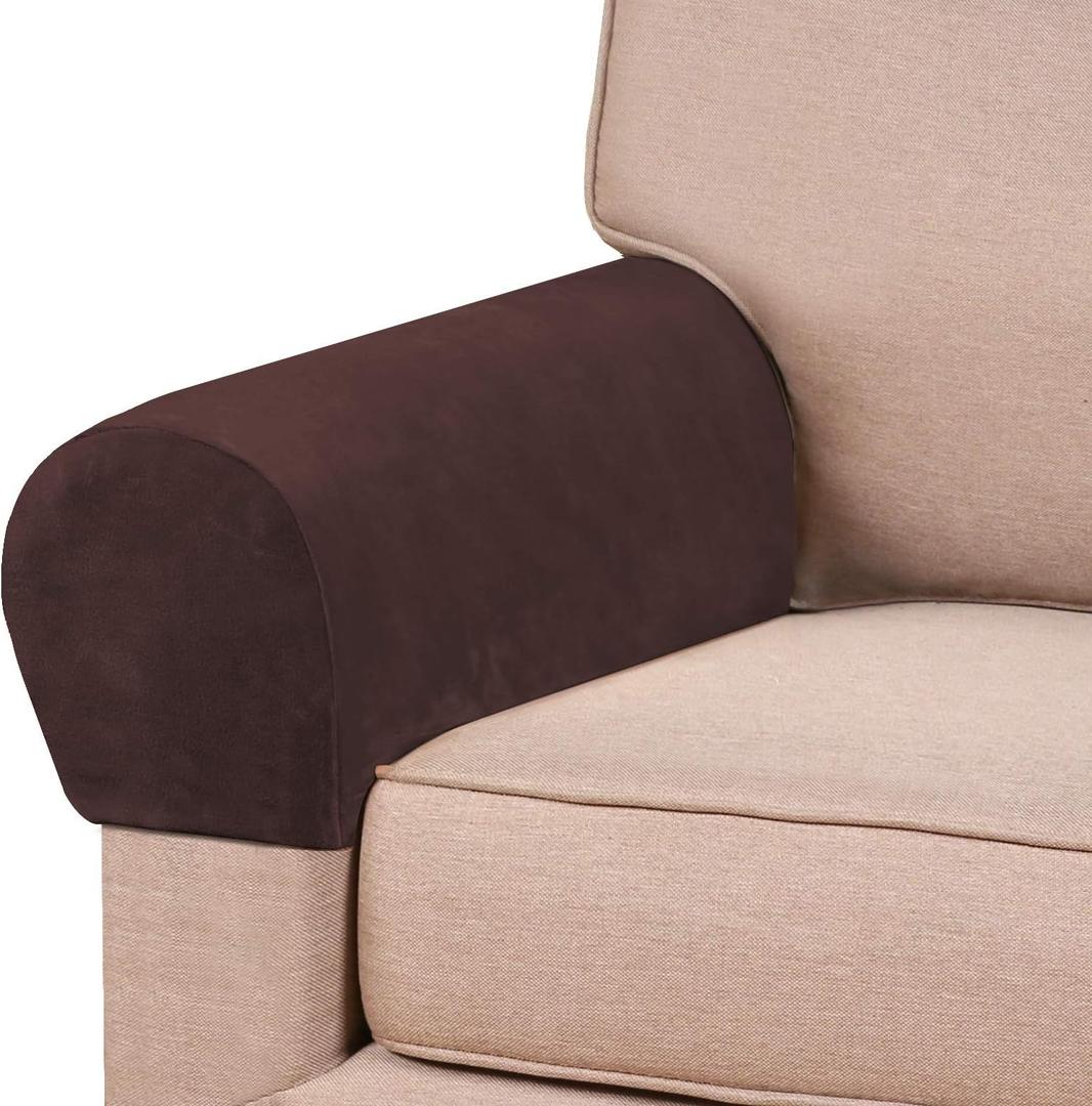 PrinceDeco 2 Pack Thick Velvet Stretch Armrest Covers for Chairs and Sofas - Non Slip Armchair Covers for Arms, Brown