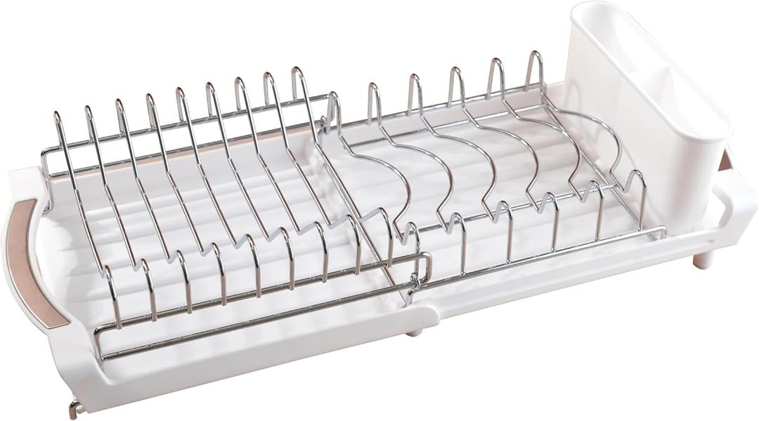 Dish Drying Rack Compact Expandable - A Space-Saving, Stainless Steel, Rust-Resistant Dish Drainer for Kitchen and Apartment Countertops/Sink Cabinets, Extendable from 11.42 to 19.9 inches (White) (Double)