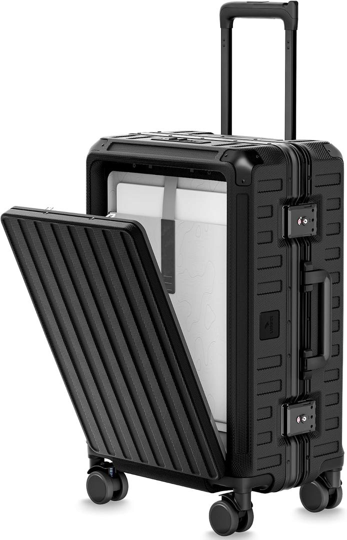 LUGGEX Zipperless Carry On Luggage with Spinner Wheels, SF81 Aluminum Polycarbonate Hard Shell Front Opening Suitcase, TSA & Cup Holder (ZX-Pro, Black, 21 Inch)