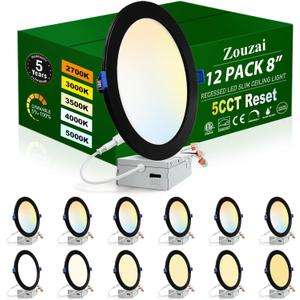 zouzai 12 Pack 8 inch 18W Eqv 150W 1685LM 5CCT Ultra-Thin LED Recessed Ceiling Light with Junction Box, 2700K/3000K/3500K/4000K/5000K Selectable,Dimmable 5%-100% - ETL and Energy Star Certified