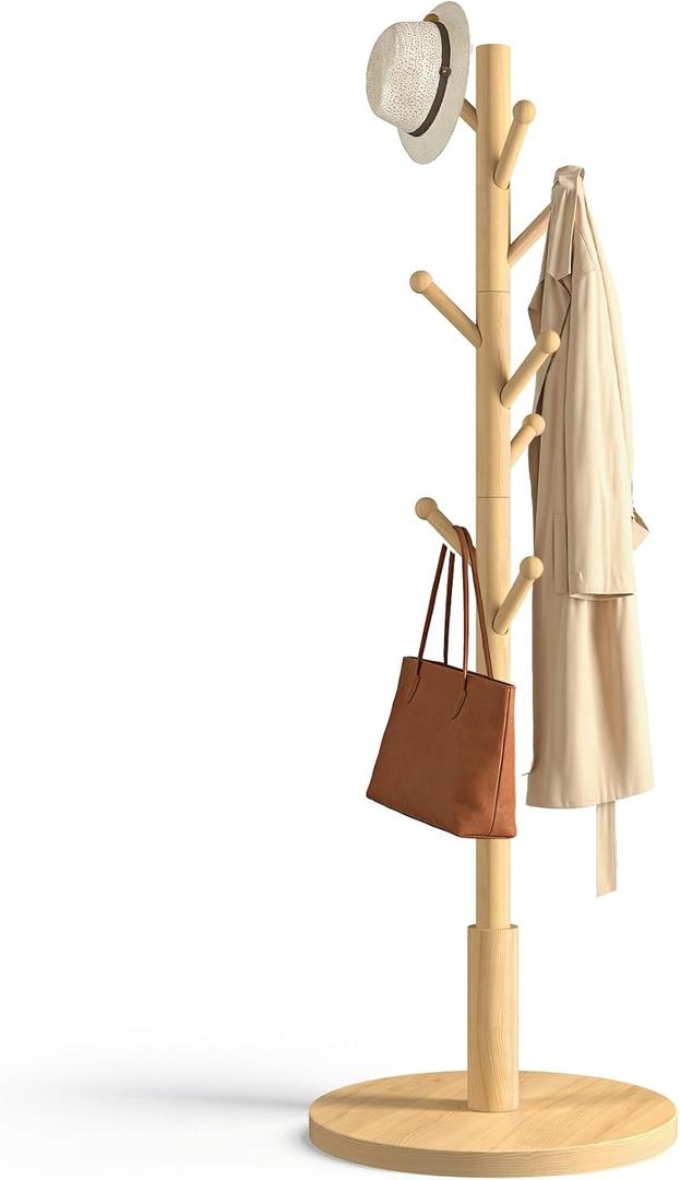 Coat Rack Freestanding Wooden Coat Tree Stand with 8 Round-tip Hooks, 3 Adjustable heights Coat Hat Rack for Entryway,Bedroom,Hallway,Office (Natural)