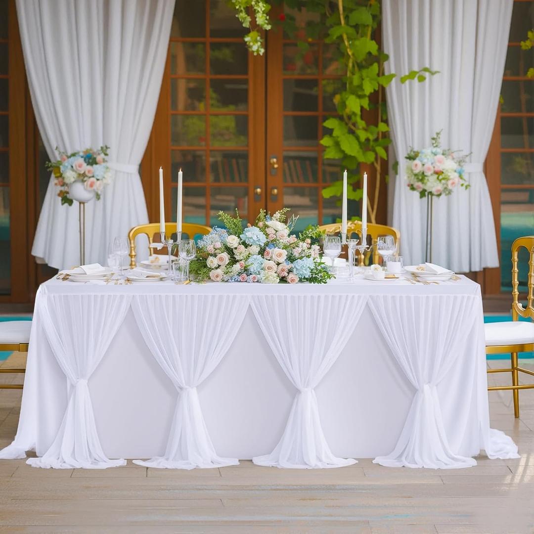 Besutolife 4FT White Tulle Tablecloth for Rectangle Tables for Wedding Birthday Party Bridal Shower White Tutu Ruffle Table Cloth for Cake Dessert Buffet Banquet Dinner Table Decorations, 48" x 30"