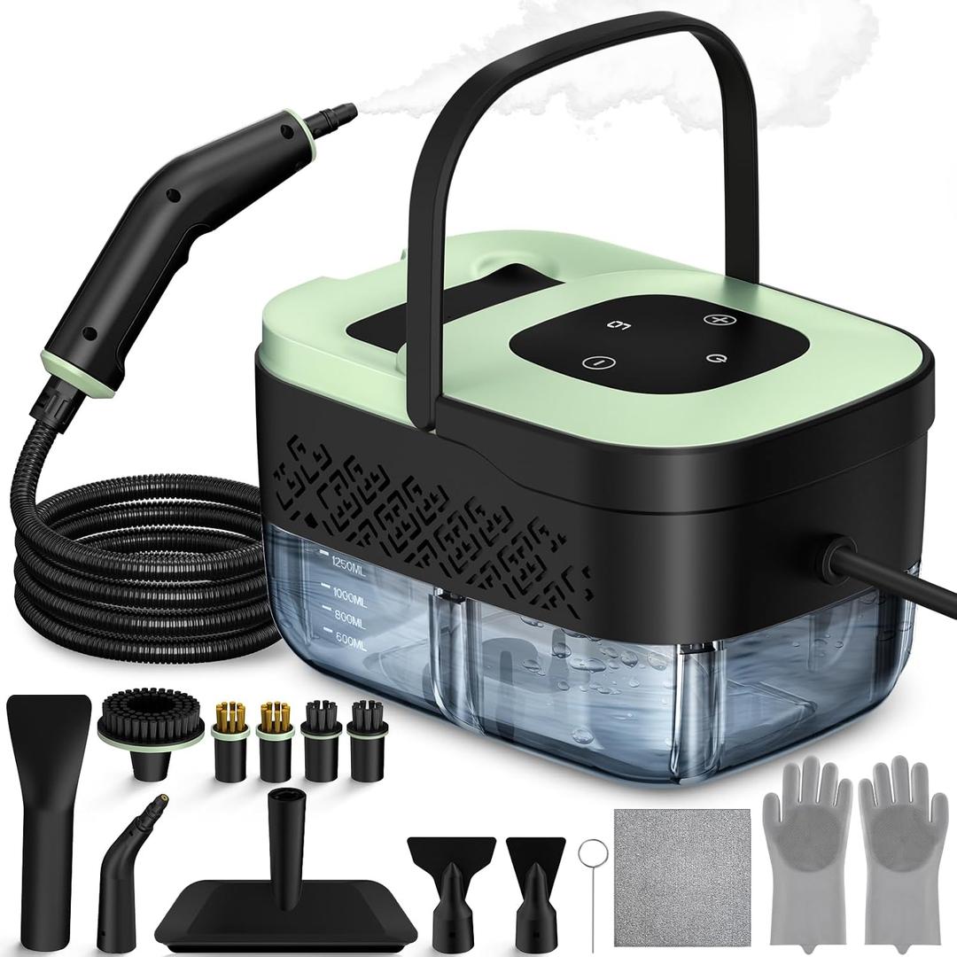 Steam Cleaner, Portable Steamer for Cleaning with 16pcs Accessories, 6-Level Adjustable, 15s Heat-Up, Handheld Steam Cleaner for Home for Tile, Grease, Dirt, Grout, Car Detailing, Green