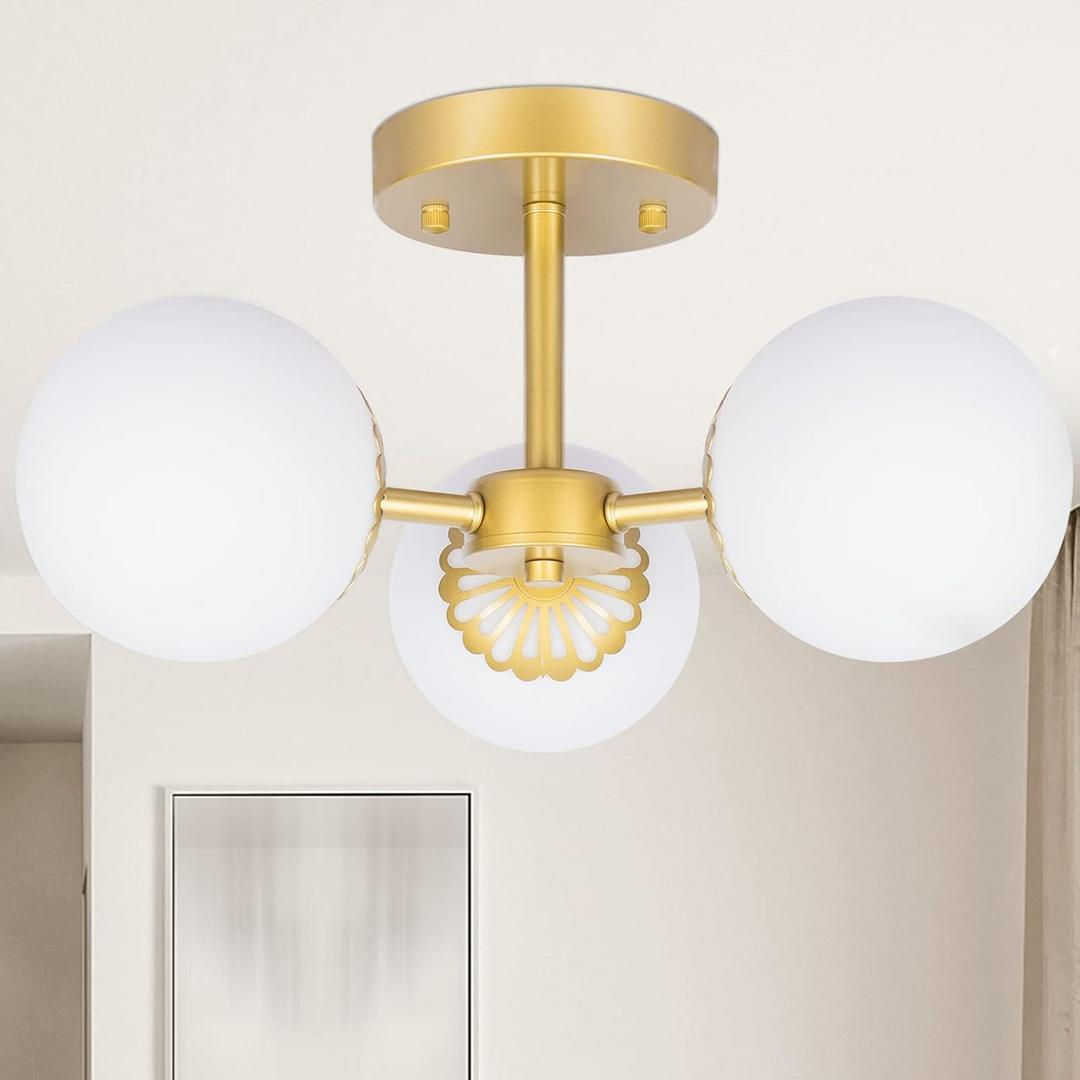 3 Lights Gold Chandelier Mid Century Modern Light Fixture, Gold Semi Flush Mount Ceiling Light with Frosted Globe Glass for Living Room, Bedroom, Nursery Room & Office Ceiling Light (Bulbs Included)