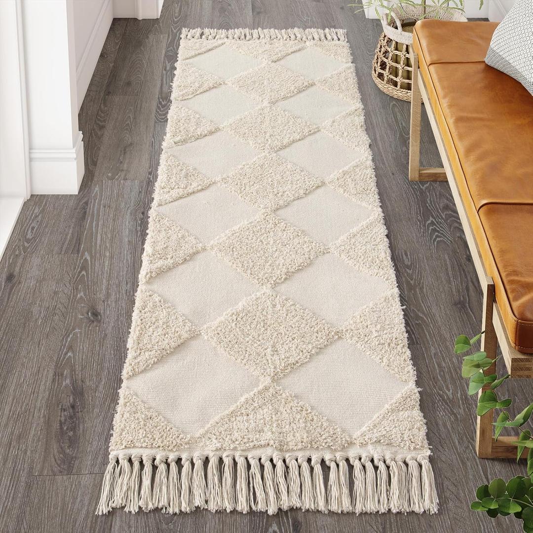 Lahome Checkered Runner Rug, 2x6 Boho Bathroom Rug Tufted for Hallway 6ft With Tassels, Cotton Washable Checkerboard for Entryway Indoor Laundry (2' x 6', Beige)