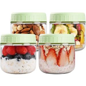 Overnight Oats Containers with Lids, 10oz Glass Jars with Lids 4 pcs, Light Green, Wide Mouth Mason jars for Salad, Yogurt, Snacks, Meal Prep