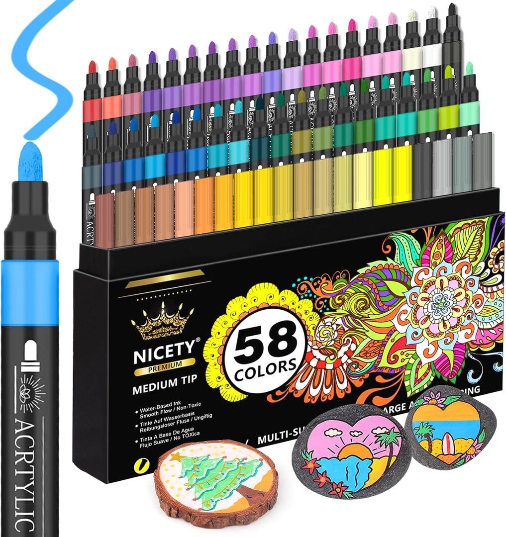 58 Colors Acrylic Paint Pens Paint Markers, 3mm Medium Tip Point Acrylic Paint Pens for Rock Painting, Canvas, Wood, Ceramic, Glass, Stone, Fabric, DIY Crafts & Art Supplies