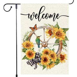 Welcome Brilliant spring Decor garden flag Hummingbird Flowers Butterfly Buffalo Plaid Bowknot Wooden wheel 12x18 inch Double Sided Small Burlap Home Outdoor Yard Lawn Patio Outdoor