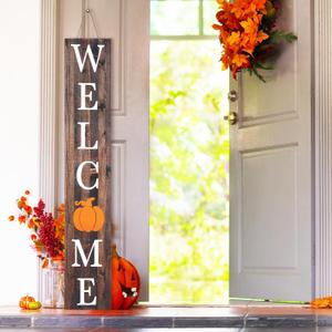 Leveeno Fall Porch Welcome Decor Outdoor Pumpkins Wooden Sign Autumn Vertical Hanging Decorations Home Front Door Outside Yard 48x8 Inch