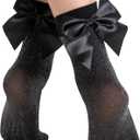 MANZI 3 Pairs Women's Glitter Bow Ankle Socks Sparkly Cozy Sheer Black Crew Socks with Cute Satin Bows Lace Girly Metallic Shimmer Short Stockings