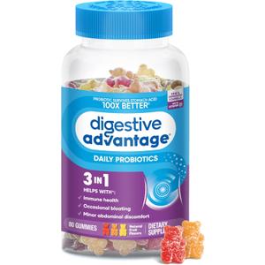 Digestive Advantage Probiotic Gummies For Digestive Health, Vitamin D, Daily Probiotics For Women &Men Occasional Bloating, Minor Abdominal Discomfort & Gut Health, 80ct Natural Fruit Flavors