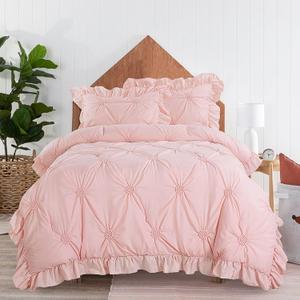 UNIKOME Queen Size Comforter Set Pink - Lightweight Soft Pintuck Down Alternative Bedding Set for Summer, All Seasons, 3 Pieces Pinch Pleat Solid Bed Set with Comforter, 2 Pillowcases