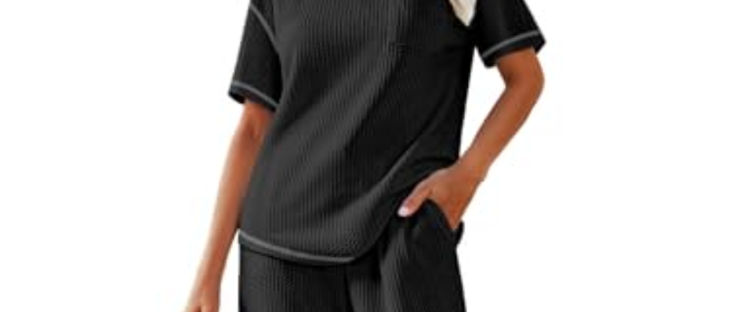 Ekouaer Women Waffle Knit Lounge Short Sleeve Top with Pockets Small