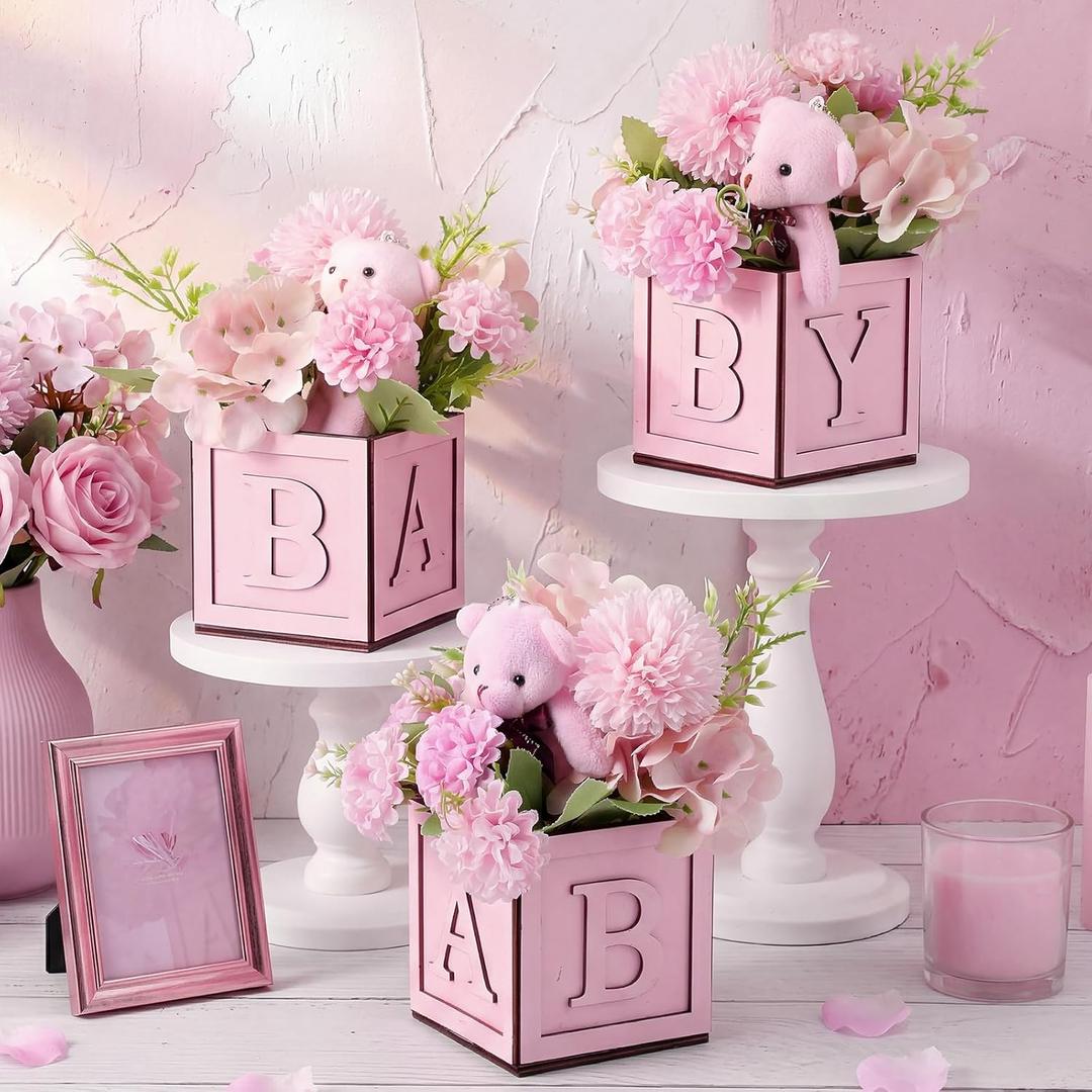 Novabright 6 Set We Can Bearly Wait Baby Shower Decorations Pink Baby Shower Table Centerpieces 4.72 Inch Wooden Boxes with Letters, Bears Stuffed Animal, Floral for Gender Reveal Party Decorations