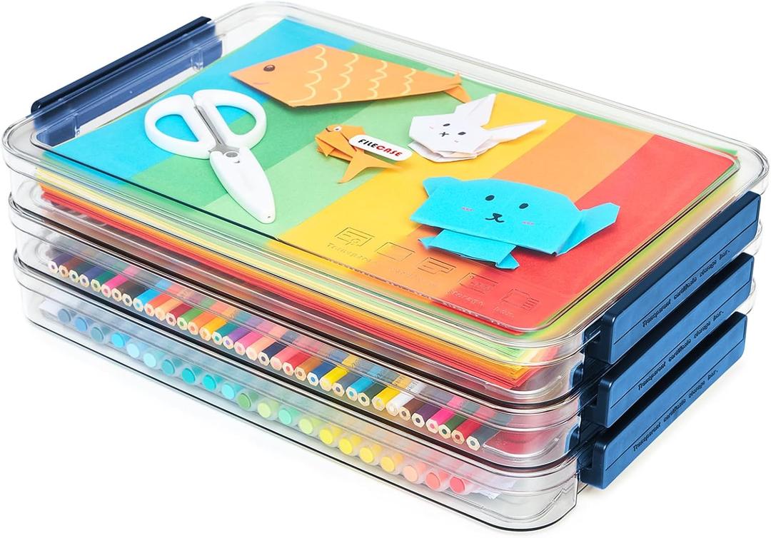 Clear Portable Slim Project Case 9 X 13 Plastic Storage File Box For Letter A4 Paper Photo Documents Scrapbook, 3 Count (Small-Blue)