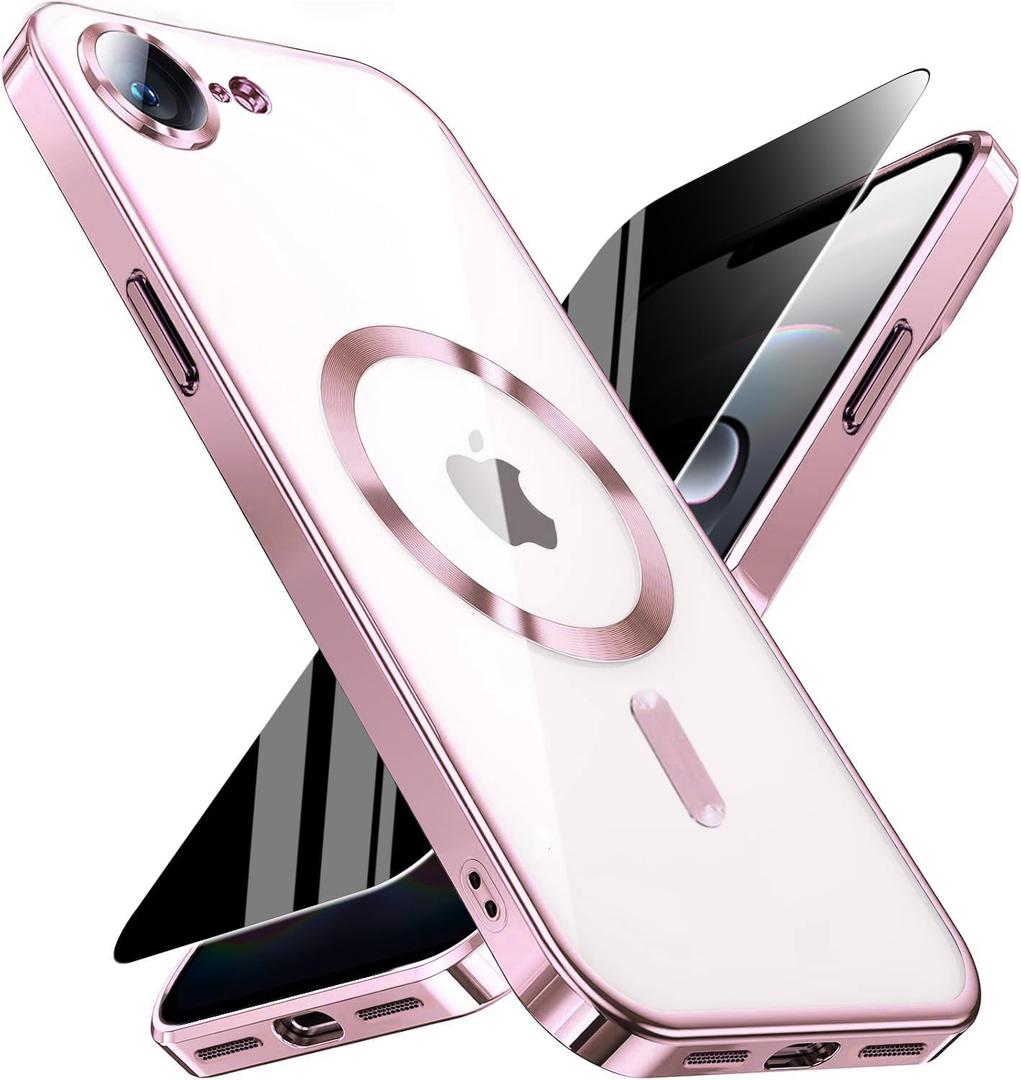 Magnetic for iPhone 17e/16e Case with Privacy Screen Protector & Full Camera Cover,[Non-Yellowing] Plating Glossy Soft Shockproof Clear Phone Case with MagSafe Women Girls for iphone 16 e/ 17 e,Pink