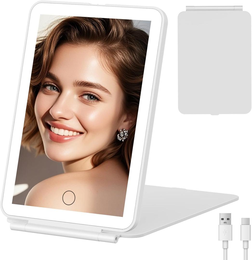 FUNTOUCH Rechargeable Travel Makeup Mirror with Light, 2000mAh Portable Makeup Mirror with 3-Color Lighting, Dimmable Touch Screen, Tabletop LED Folding Cosmetic Compact Vanity Mirror