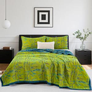 100% Cotton Muslin Jacquard 3 Piece Quilt Set Botanical Bamboo Leaf Print, Soft 3 Layers Gauze Bed Cover Reversible Bedspread Coverlet Breathable Lightweight Bedding Set, Queen (Green Teal)