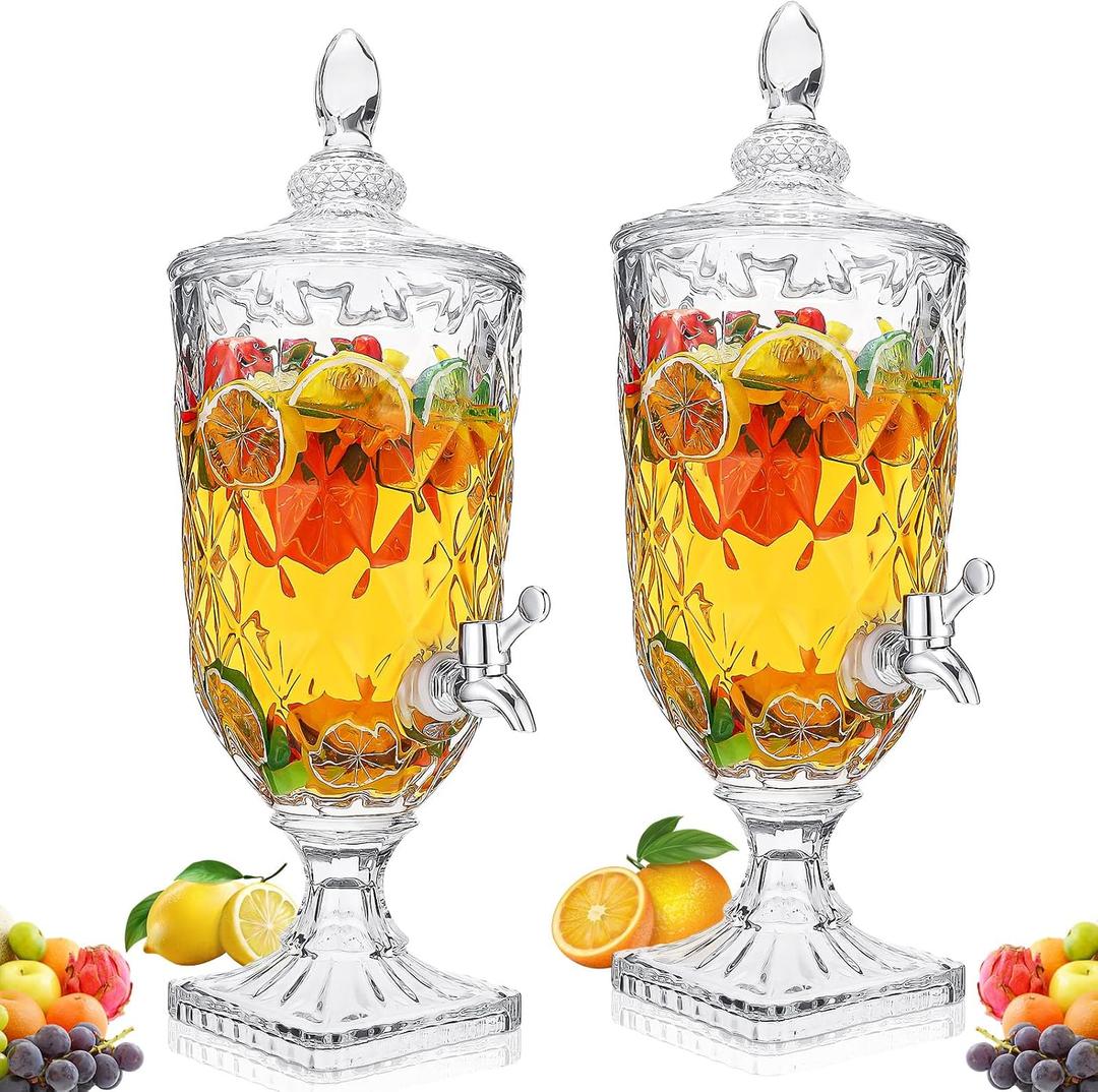 Nuogo 2 Pcs 0.8 Gallon Drink Dispensers for Parties Glass Beverage Dispenser with Stand and Spigot Vintage Iced Beverage Dispenser Crystal Drink Dispensers Glass Fountain for Birthday Party Home