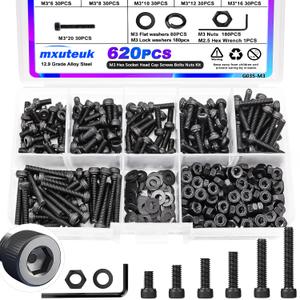 mxuteuk 620PCS M3 Screws Assortment Kit,M3 Screw Kit Suitable for 3D Printer,6/8/10/12/16/20mm 12.9 Grade Alloy Steel Black Zinc Hex Socket Head Bolts Nuts Washers Kit