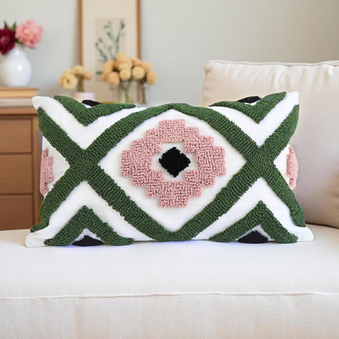 Boho Accent Lumbar Pillow Covers 12x20 - Tufted Abstract Modern Throw Pillow Covers, Farmhouse Decorative Pillowcase for Couch, Sofa, Bed, Living Room -Green Pink Black Geometric