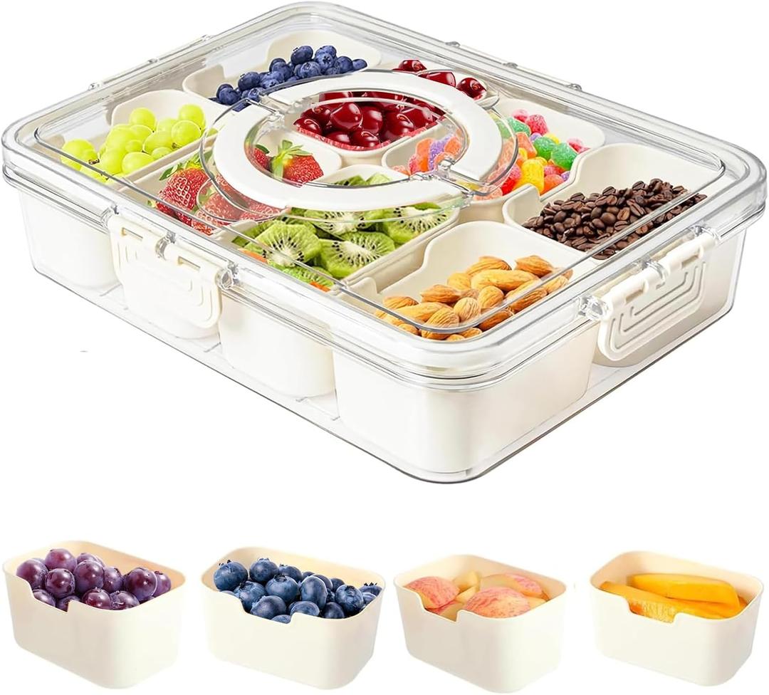 Snackle Box Container, Divided Serving Tray with Lid and Handle, 8 Compartment Portable Snack Box Containers, Clear Storage Organizer for Fruit Candy Nuts Veggie, Perfect for Road Travel Party