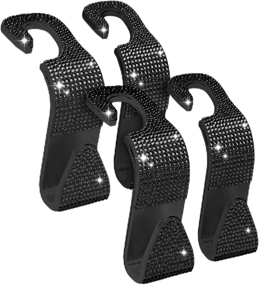 Sparkling Car Seat Hooks, 4 Pack, Black Purse Holder for Car Headrest, Chic Automotive Accessories for Women Essentials Handbag Clothes Coats Grocery Bags (Shadow Gem)